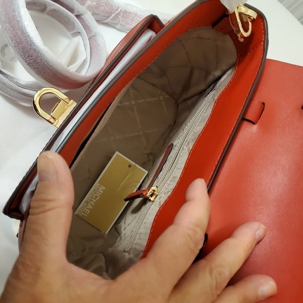 NWT Michael Kors Medium Manhattan Flame Red Leather Satchel/Crossbody